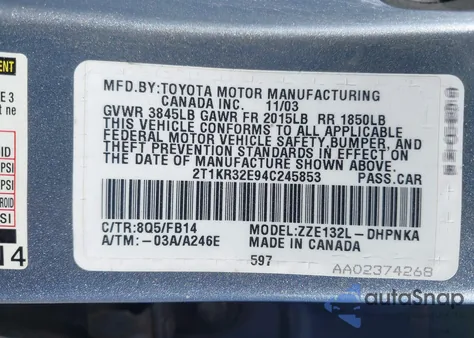2004 Toyota Matrix Xr from USA, damaged, VIN 2T1KR32E94C245853